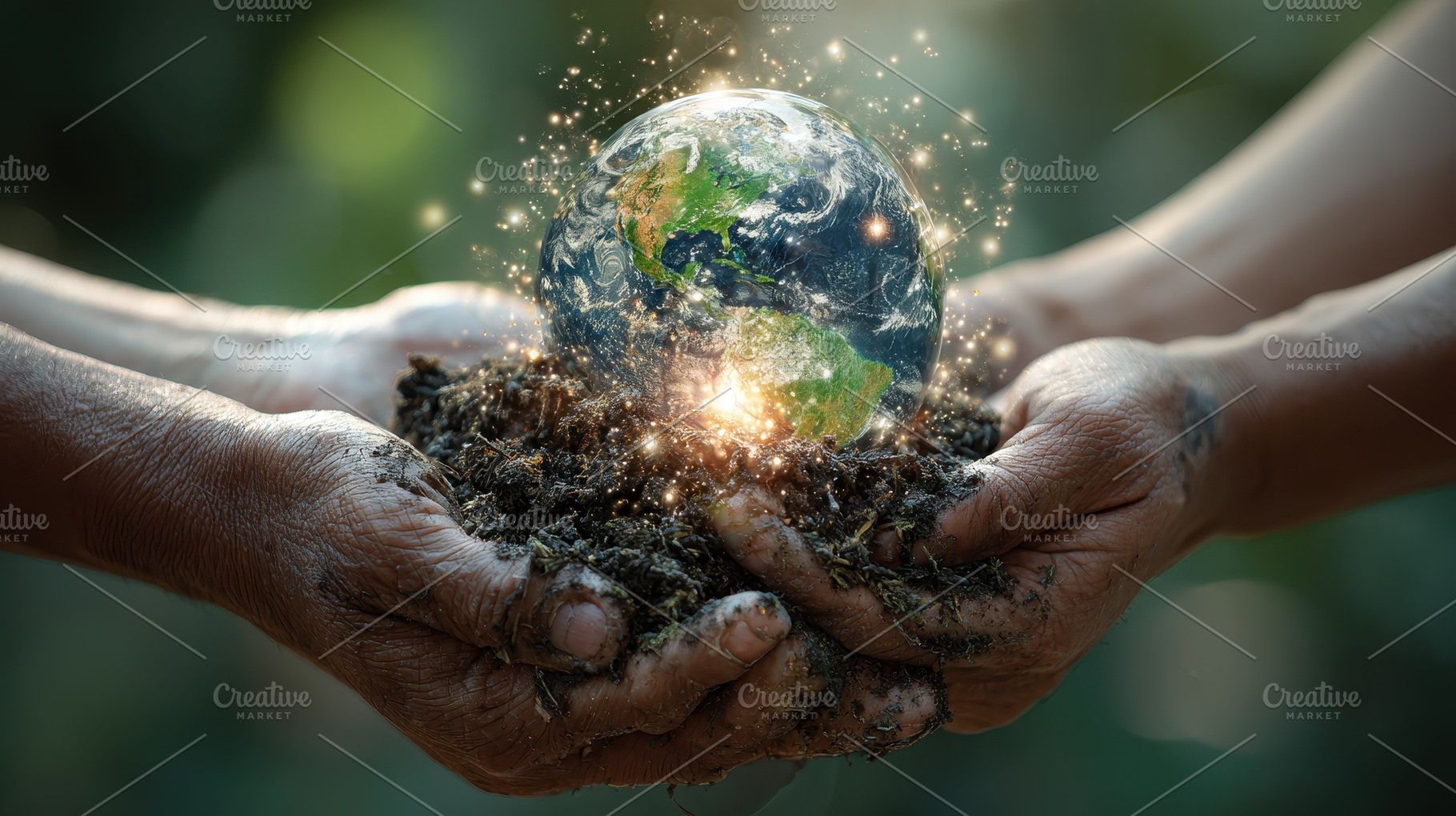 Hands holding Earth soil glowing glo, a Photo by Pixeness Studio