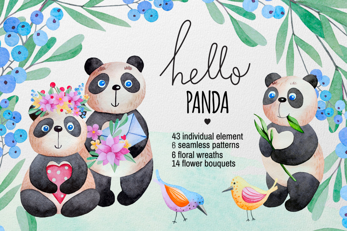 Watercolor Panda and flowers, an Animal Illustration by rosypatterns (Photo 1 of 5)