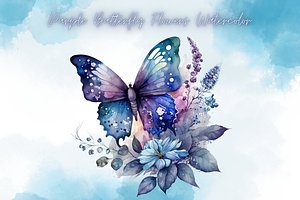 Purple Flowers Butterfly Watercolor