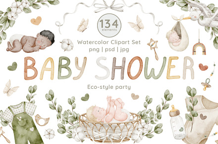 Eco Baby Shower Watercolor clipart, an Illustration by Alisles