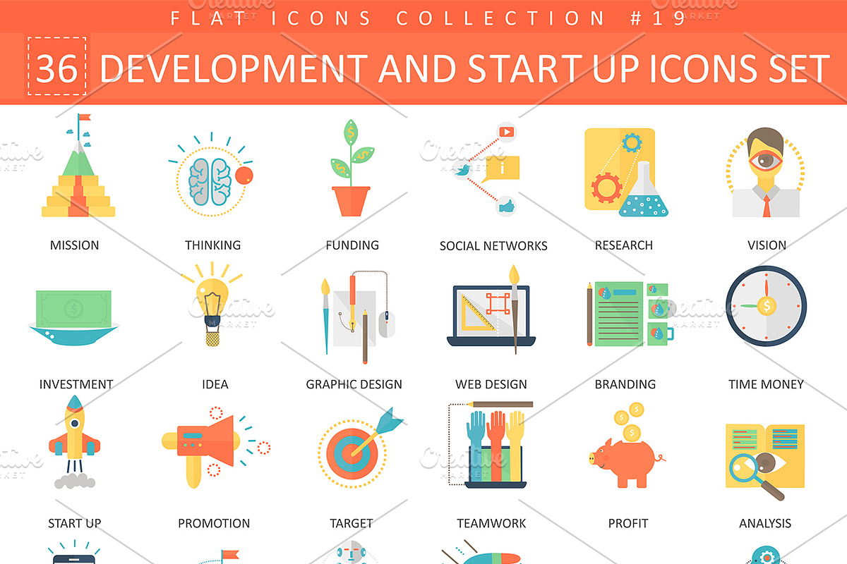 Startup & development flat icons set, an Outline Icon by Lemberg Vector