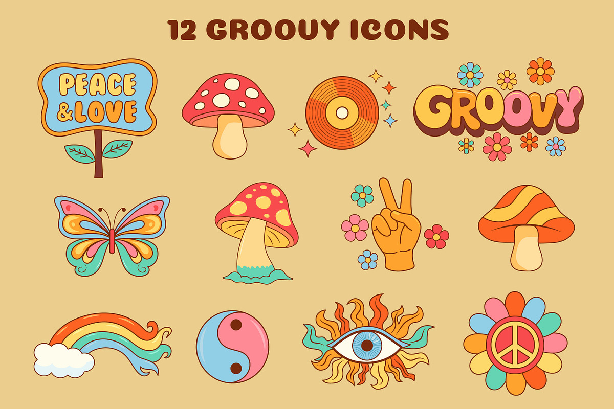 Groovy Retro Clipart Set, 70s Boho, a Decorative Illustration by JulyGart (Photo 2 of 7)