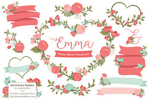 Mint & Coral Floral Heart Vectors, an Illustration by Amanda Ilkov
