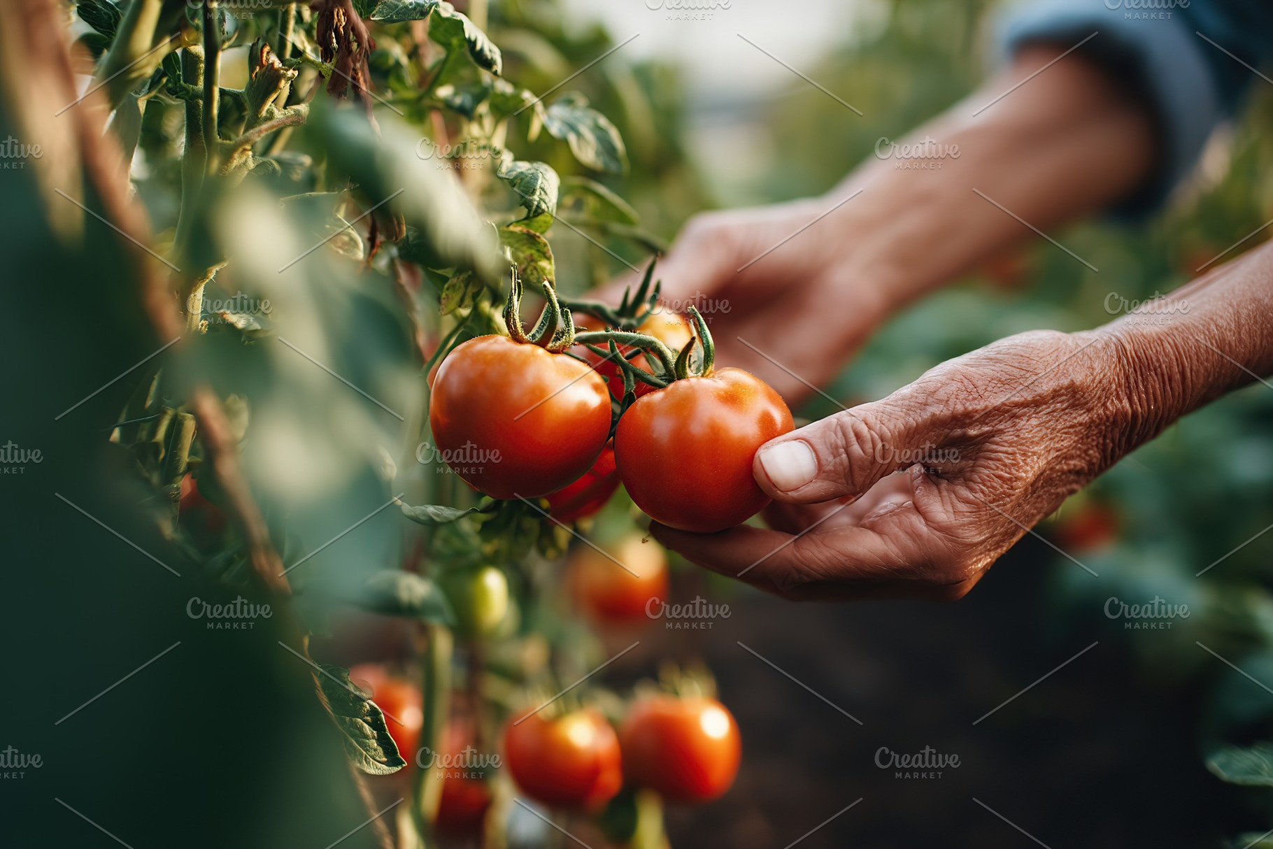 Hands carefully harvesting ripe tomatoes in a vibrant garden during a sunny day, a Food & Drink Photo by AlyaAnd