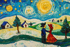 Christmas Eve Lights on Hills Art, a Decorative Illustration by Art Paradise Studios