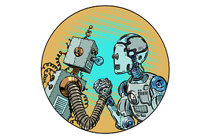 Pop Art Retro Robots fighting each, an Illustration by studiostoks