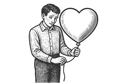 Shy man holding heart balloon vector, a Person Illustration by AlexArt