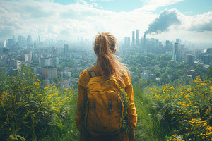 Individual with a yellow backpack ov, a Photo by Tanuart