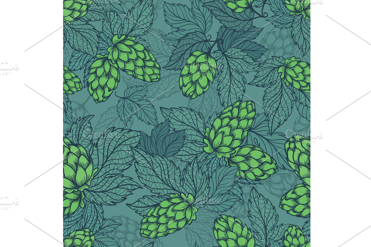 Turquoise hops plant sketch seamless, a Decorative Illustration by kisikoida