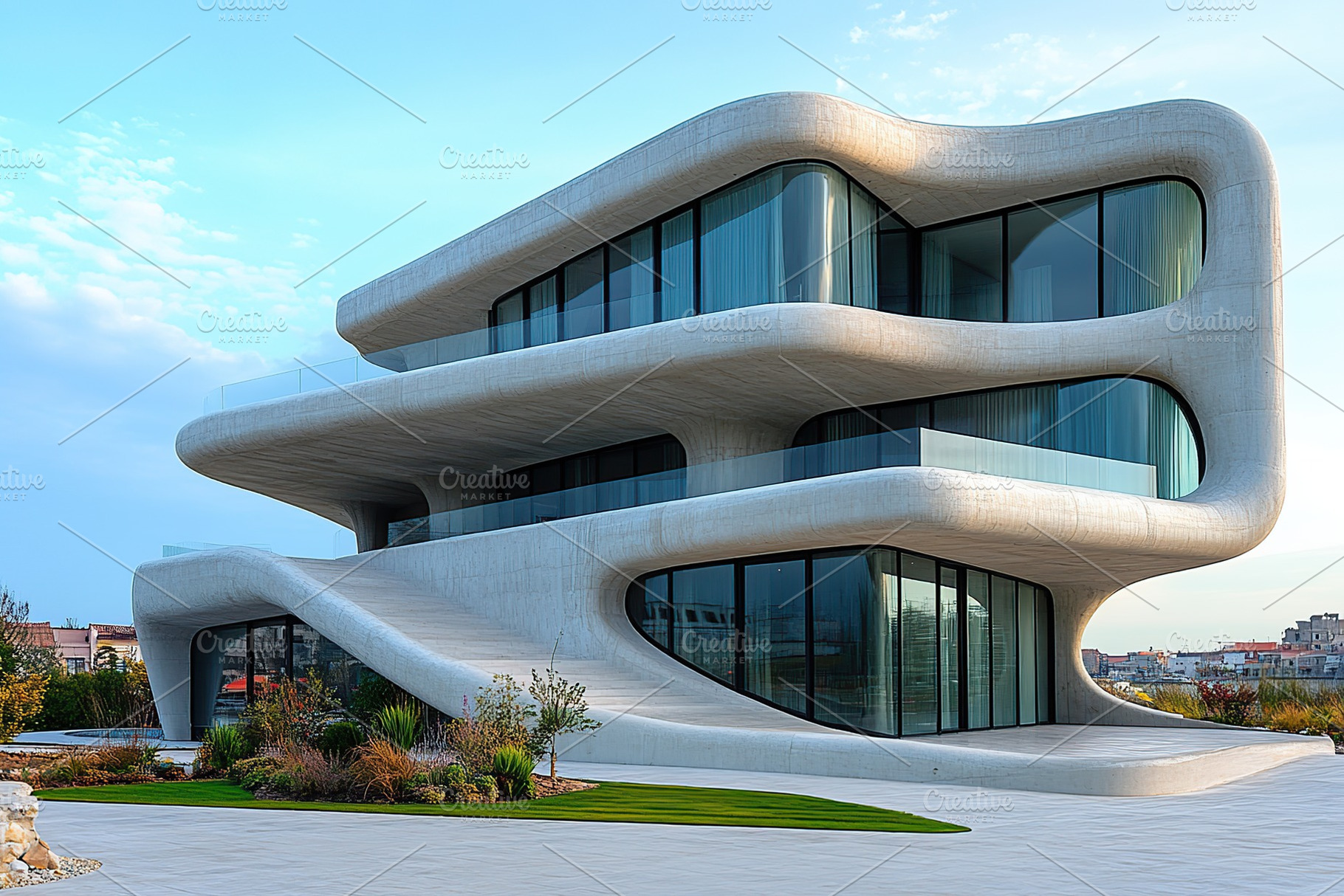 Beautiful futuristic facade of house building, an Architecture Photo by AlyaAnd