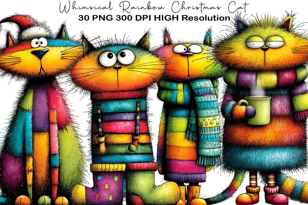 Whimsical Rainbow Christmas Cat, an Illustration by Black Bird Studio (Photo 1 of 6)