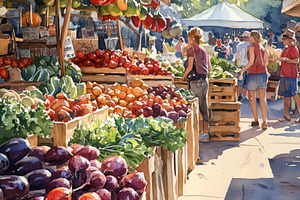 A vibrant outdoor market scene with colorful fruits and vegetables displayed in, a Technology Photo by Textures & Backgrounds
