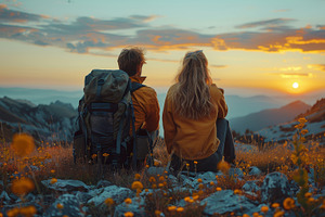 Happy couple sitting by the mountain at sunset enjoying the beautiful view, a Photo by AS photostudio