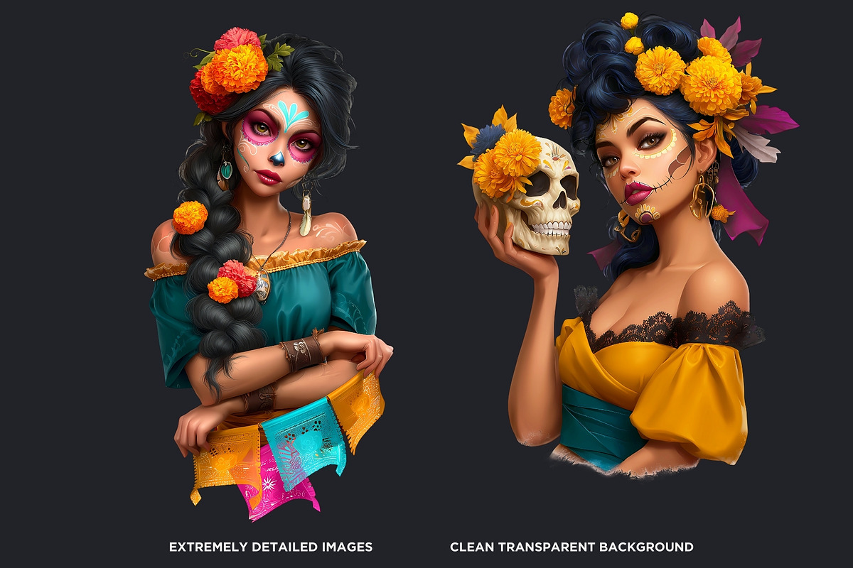 La Catrina Day of the dead Clipart 4, a Seasonal Illustration by ThatsDesignArt (Photo 3 of 10)