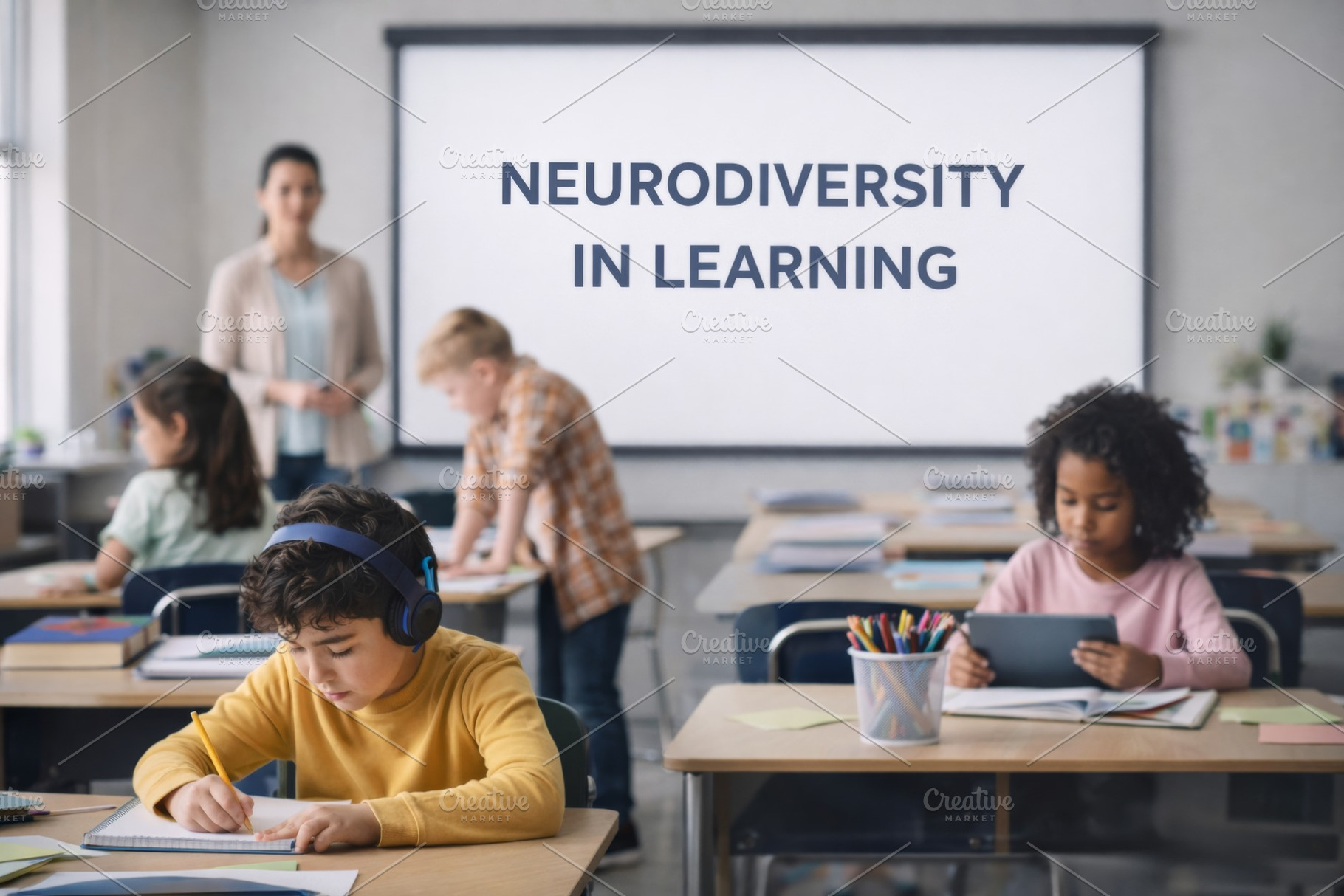 Neurodiversity in learning classroom scene with diverse students, a Photo by Dvoevnore photos