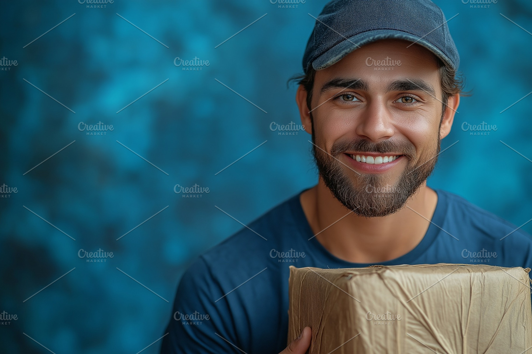 Smiling young man with a beard and cap holding a package against a blue backgro, a Person Photo by ImageMir