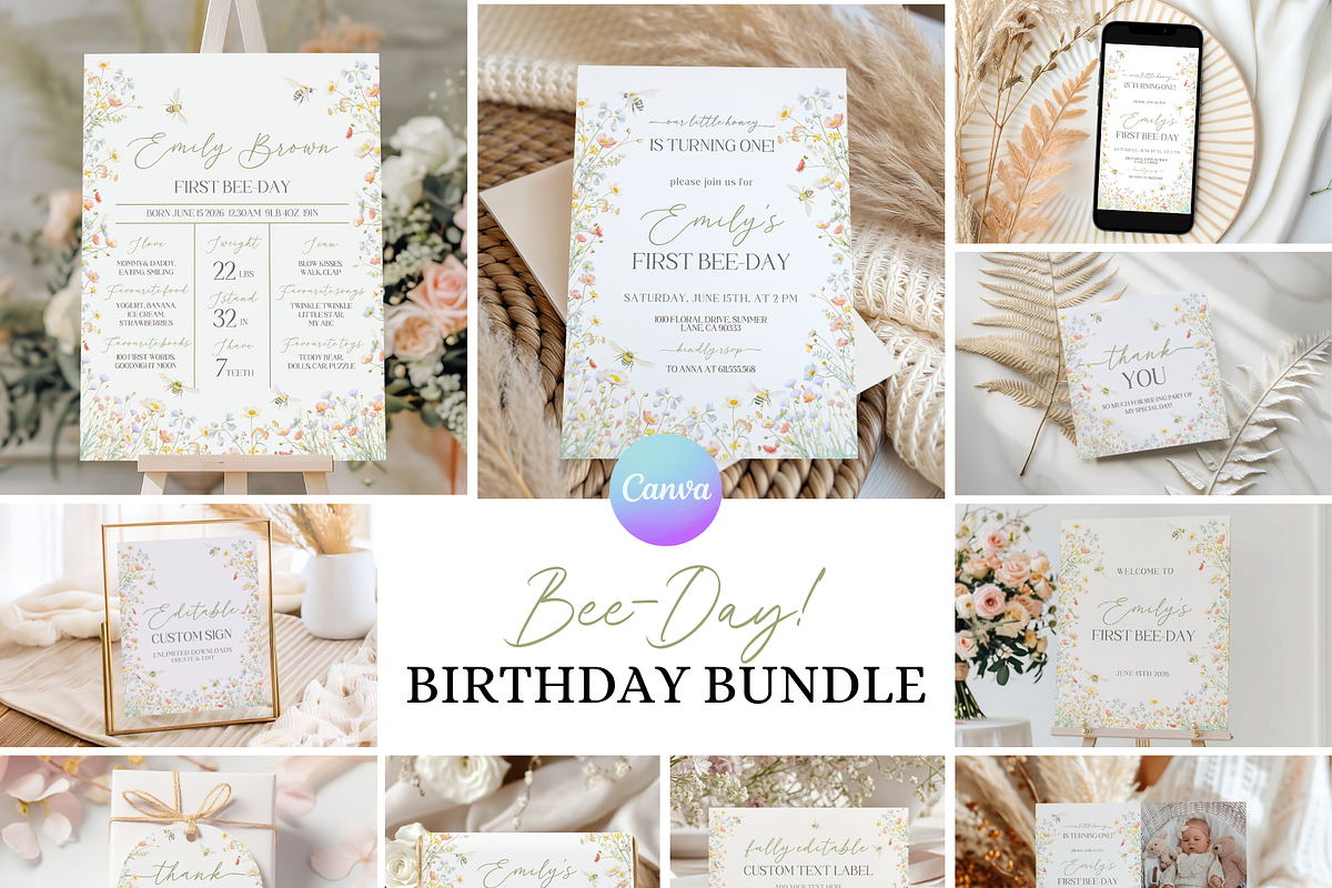 Editable Bee Day 1st Birthday Bundle, an Invitation Template by Digital_Mind (Photo 1 of 9)