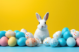 Cute bunny with easter eggs on yellow background, a Holiday Photo by AlyaAnd
