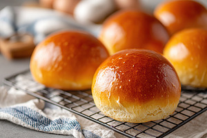 Fresh brioche buns with shiny egg wash cooling on a wire rack in a cozy kitchen, a Food & Drink Photo by AlyaAnd