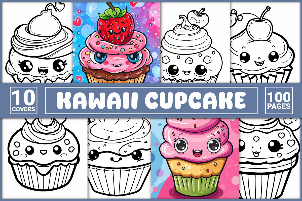100 Kawaii Cupcake Coloring Pages, a Food Illustration by BrightMart (Photo 1 of 3)