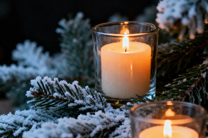 Frosted Pine Branches & Candlelight, a Holiday Photo by Virgo Studio