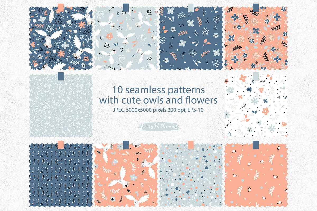 Floral patterns set with owls, a Pattern Graphic by rosypatterns (Photo 2 of 4)