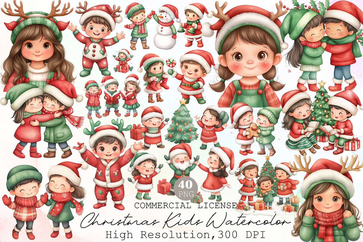 Christmas Kids Watercolor Clipart, an Illustration by Sublimation Artist (Photo 1 of 6)