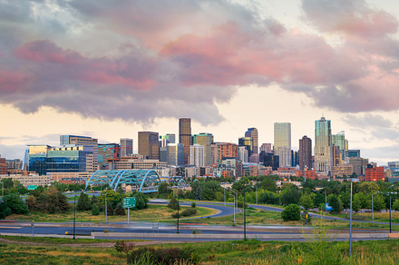 Denver skyline at sunset featuring denver, colorado, and skyscraper, an Architecture Photo by f11photo