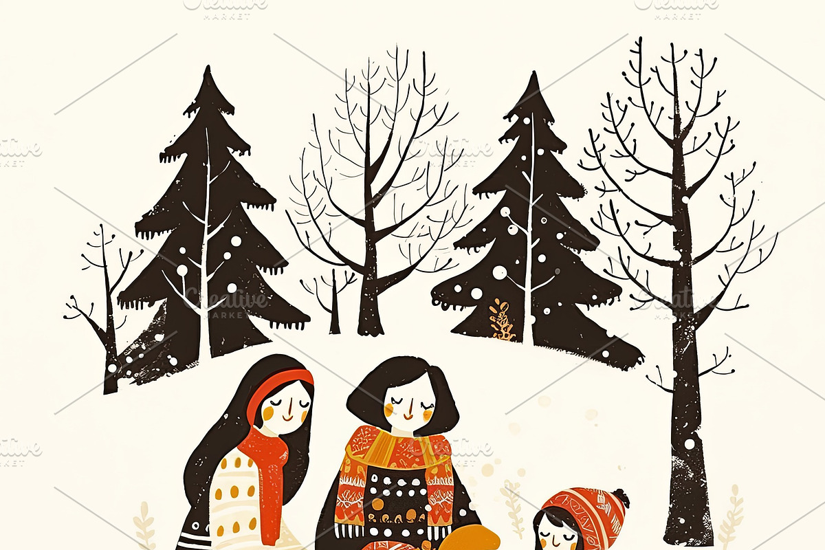 Family enjoying a winter picnic among snowy trees, an Illustration by AS photostudio