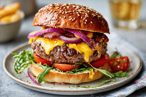 Delicious cheeseburger with fresh toppings, a Food & Drink Photo by AlyaAnd