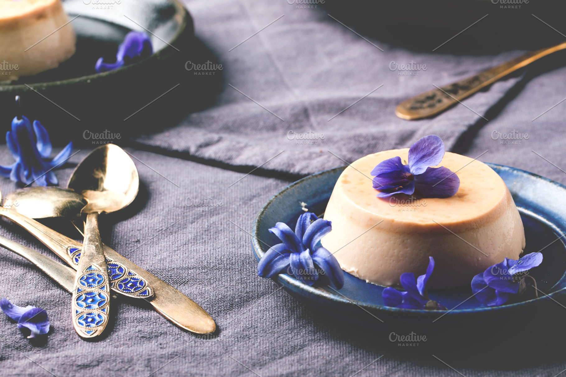 Caramel pannacotta with violet flowers featuring panna, cotta, and pannacotta