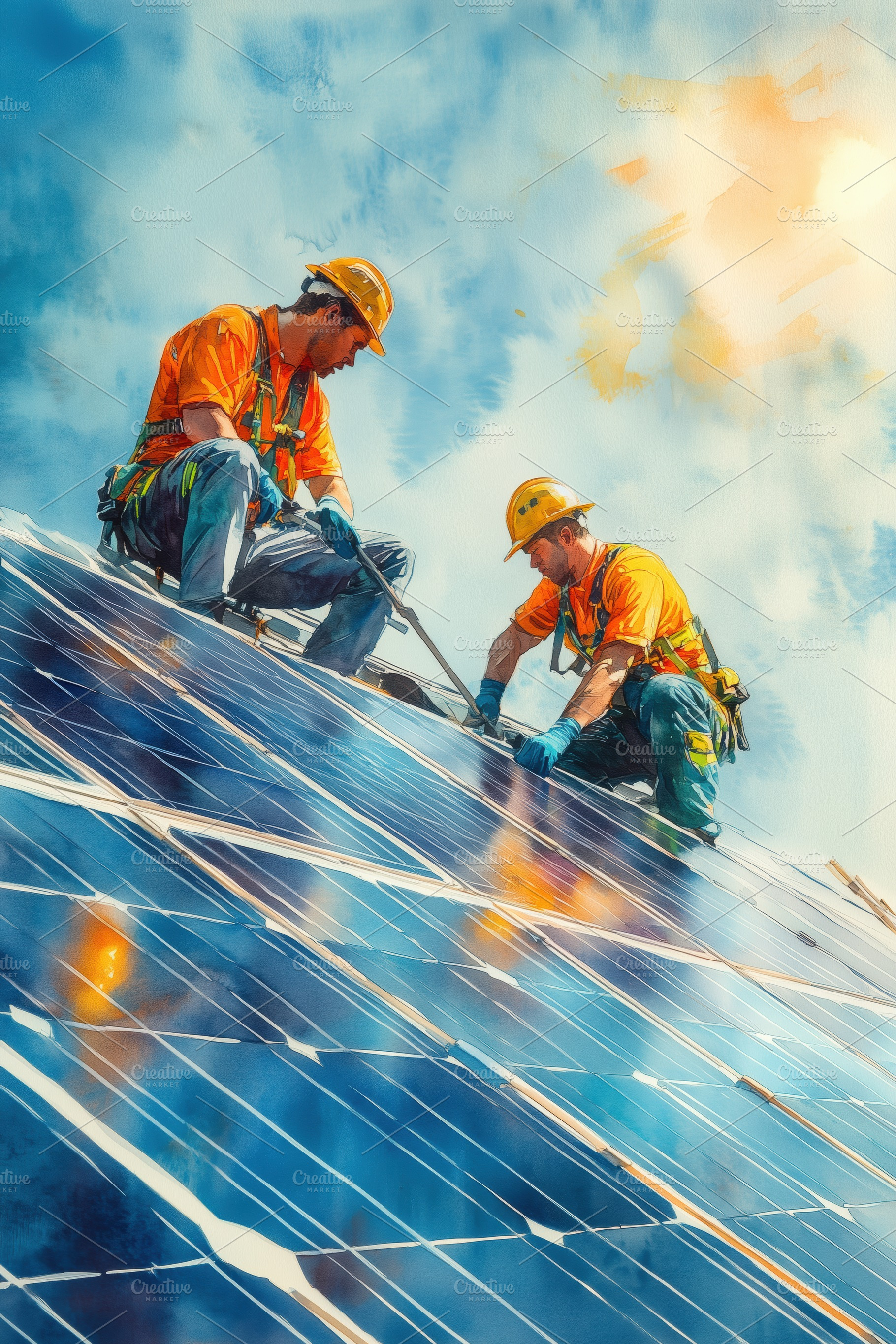 Two workers in hard hats installing solar panels on a roof under a bright blue, a Technology Photo by Textures & Backgrounds