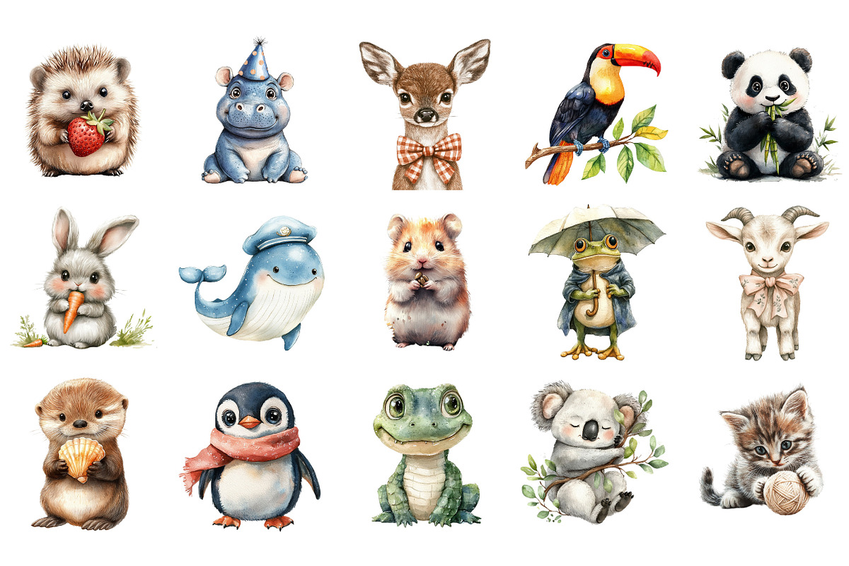 Watercolor Cute Animals Clipart, an Illustration by Designking (Photo 3 of 5)