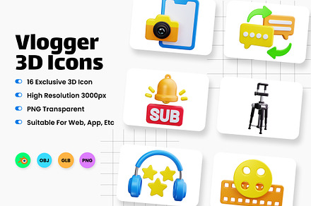 Vlogger 3D Icons, a Scene 3D Model by HacaStudio