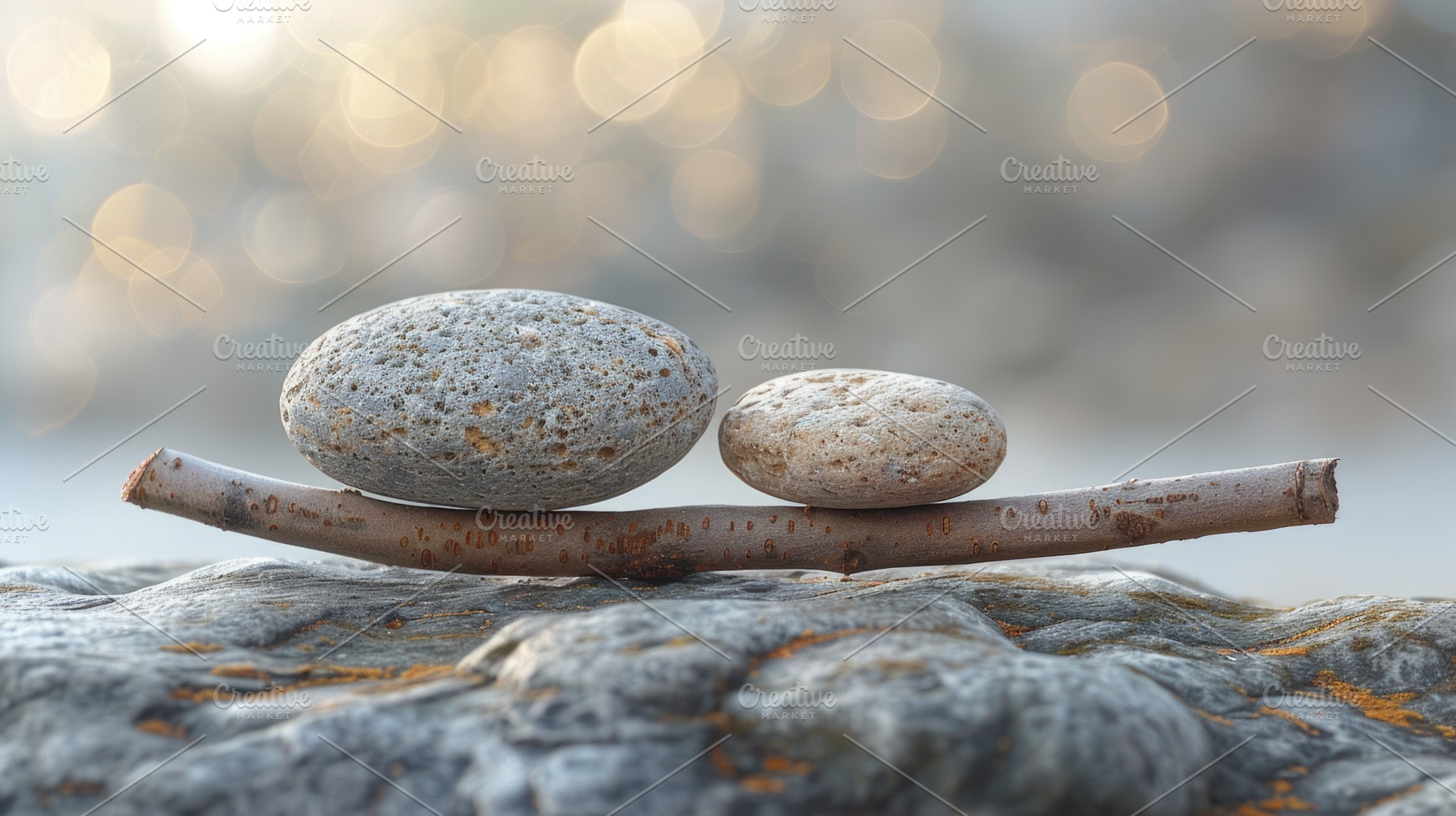 Concept of imbalance and comparison with stones on wooden stick,, a Nature Photo by José Manuel Gelpi