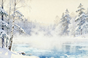 Misty Winter Lake Serene Watercolor, a Decorative Illustration by Virgo Studio