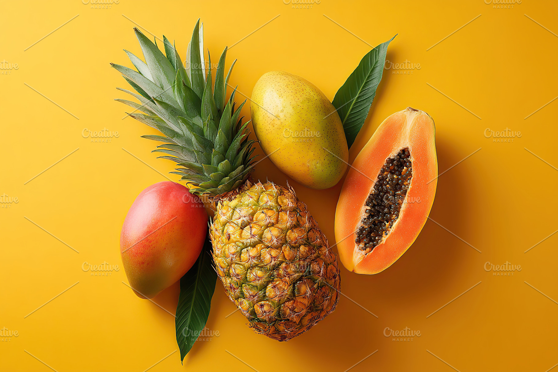Ripe tropical fruits arranged on a bright yellow background with green leaves, a Food & Drink Photo by AlyaAnd