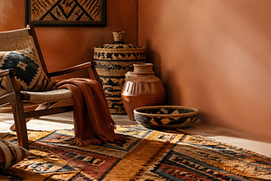 Afrobohemian home interior design with woven decor elements and, a Photo by Dvoevnore photos