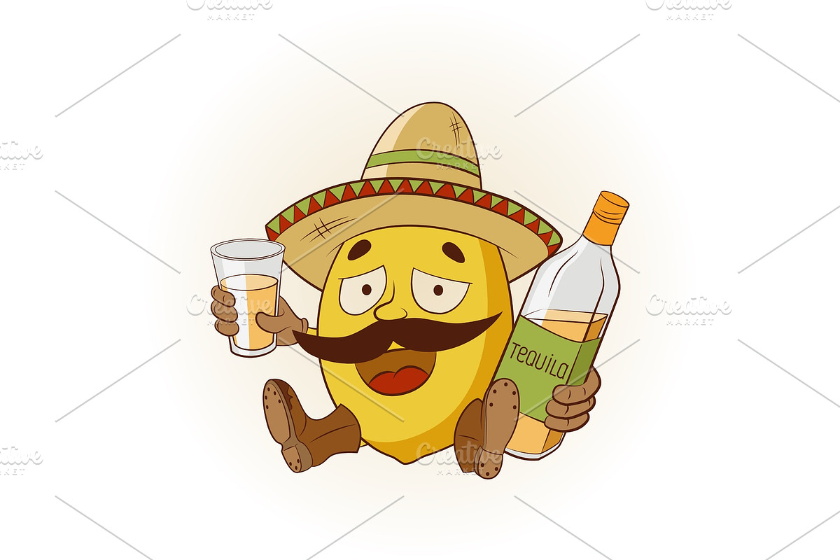 Cartoon lemon drinking tequila., a Food Illustration by SHom