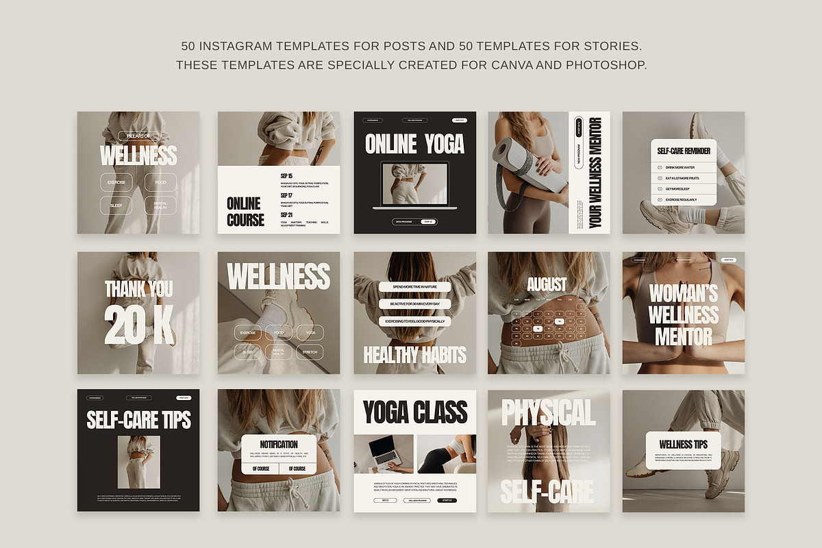 Wellness Instagram Templates Canva and Photoshop