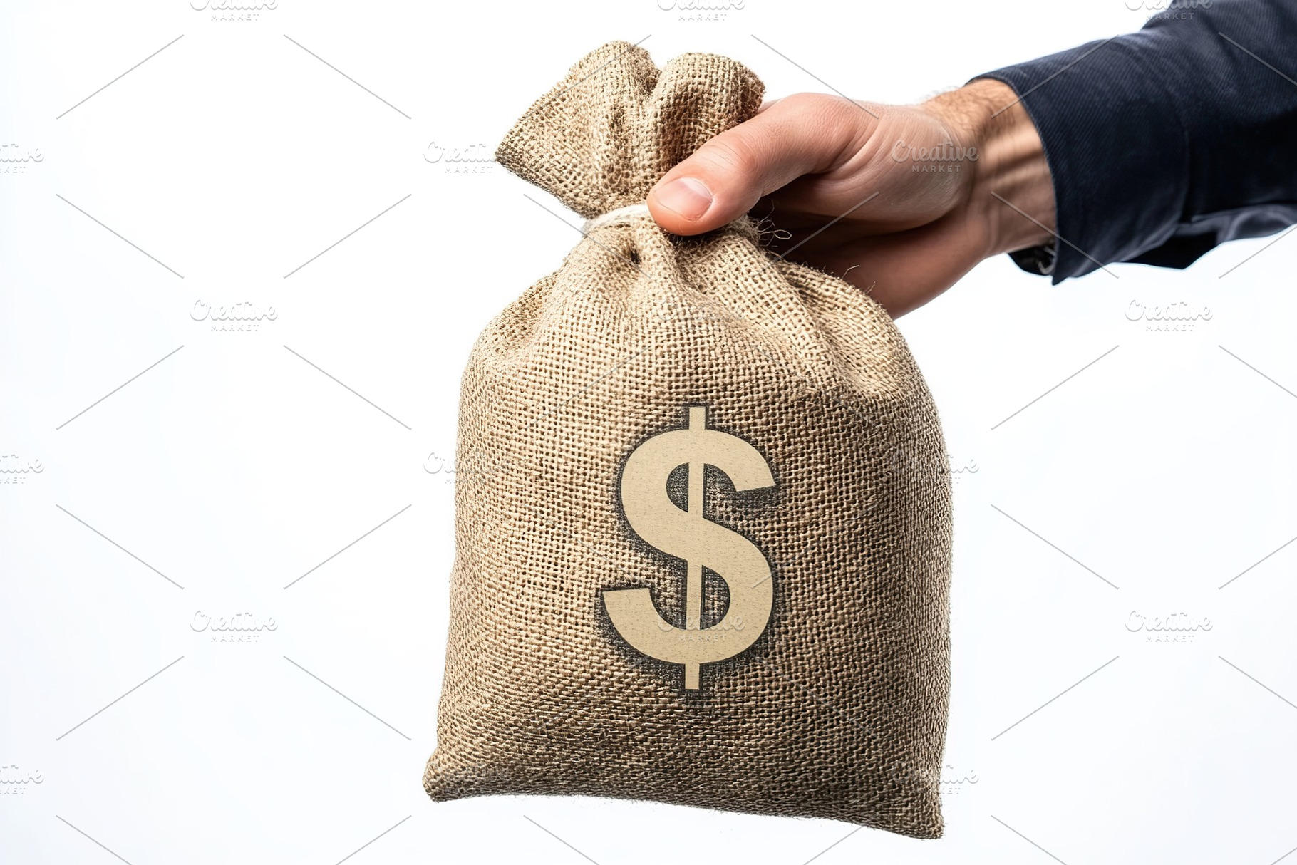 Male hand holding burlap bag with dollar symbol and banknotes on white backgrou, a Business Photo by AlyaAnd