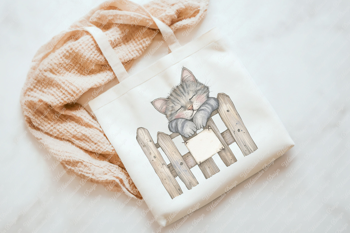 Watercolor Funny Cats on Fence PNG, an Illustration by Watercolor design (Photo 6 of 12)