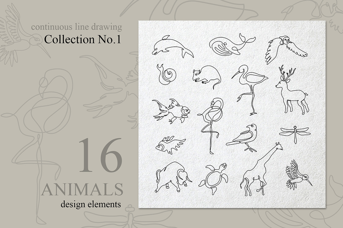 Set of 16 Animals One line, an Animal Illustration by Anastasiia_Dzhioeva
