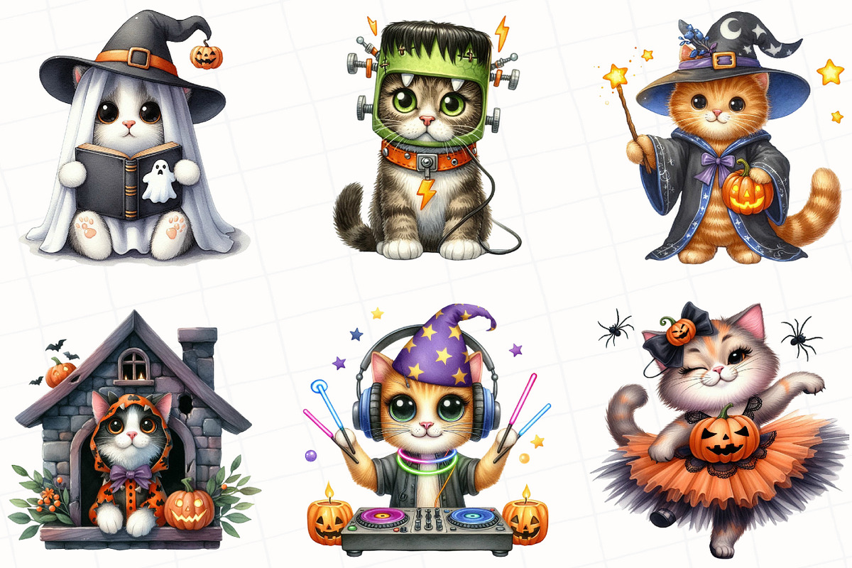 Halloween Cute Cat Clipart, an Illustration by OK Design (Photo 2 of 5)