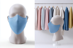 A blue face mask mockup on a mannequin head, with a clothing rack in the backgr, a Mask Mockup by Textures & Backgrounds