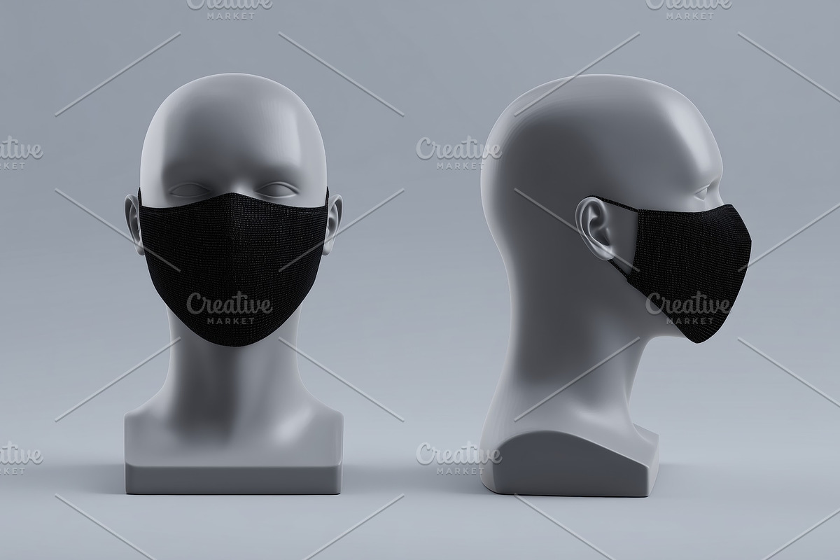 A black face mask mockup on a mannequin head from two angles, showcasing its de, a Mask Mockup by Textures & Backgrounds