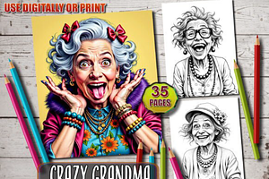 Crazy Old Ladies Coloring Pages, a Decorative Illustration by Ink Gallery