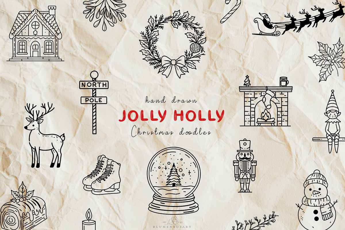 Jolly Holly Christmas Line Art, a Seasonal Illustration by Blumensdiary (Photo 1 of 6)