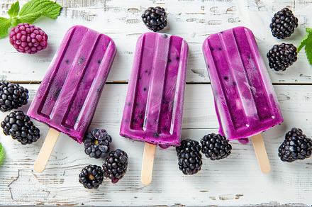 Ice cream popsicles with organic blackberries on wooden background, a Food & Drink Photo by AlyaAnd