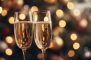 Two glasses of champagne on blurred lights background, a Food & Drink Photo by AlyaAnd